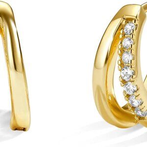 Gold Double Hoop Earrings for Women 14K Gold Plated Cubic Zirconia Hypoallergeni